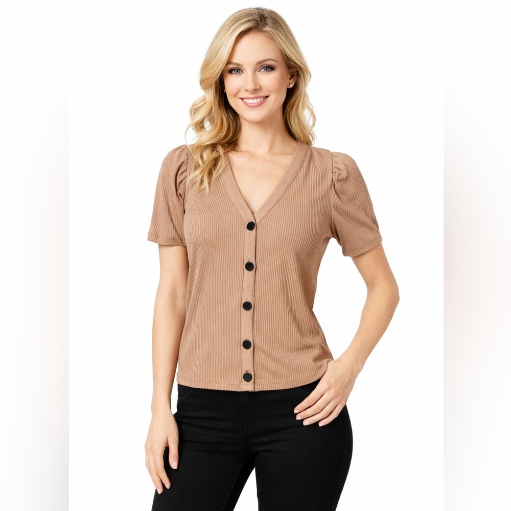 LOFT Tan Button-Down Ribbed Women's Top size small
